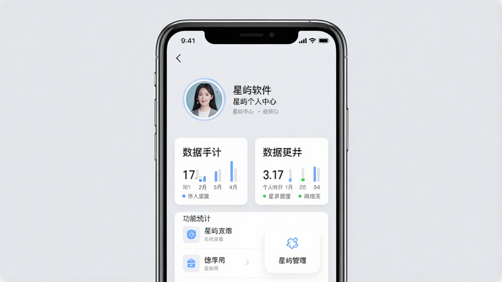 一张展示星屿软件个人空间管理界面的界面截图,画面主体是手机屏幕,屏幕内显示个人头像、昵称、数据统计和功能入口列表,布局采用上下结构排版,风格为个人中心常见的卡片式设计,细节上头像带有圆形边框,背景是淡雅的浅灰色,画质高清,画面干净,无多余元素,图片中带有文字“星屿个人中心”