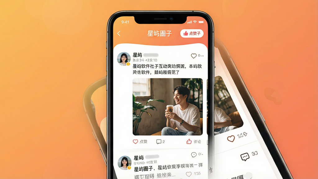 一张展示星屿软件社交互动圈子的界面截图,画面主体是手机屏幕,屏幕内显示一个动态信息流,包含用户头像、文字内容和配图,布局采用上下滚动式排版,风格为温暖友好的社交UI风格,细节上点赞按钮和评论图标清晰可见,背景是暖色调的渐变,画质高清,画面干净,无多余元素,图片中带有文字“星屿圈子”