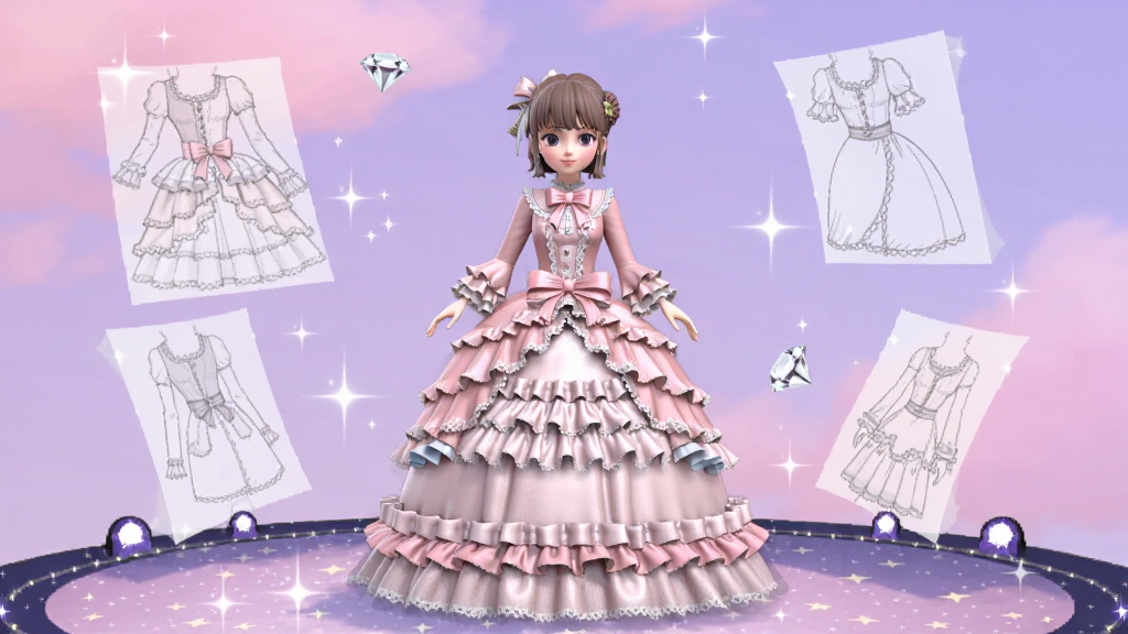����������һλ����������ɫ��˿��ȹ��3D������Ů��վ���λõ��ǹ���̨�ϣ���ΧƯ���Ű�͸���ķ�װ���ͼֽ����ҫ����ʯ��㣬��������͵ķ��Ͻ�����գ�������þ��µĶ���Ԫ3D��Ⱦ��񣬷�װϸ�������ɼ�����Ӱ��ͣ����ʸ��壬��ͼ�ɾ����޶���Ԫ��