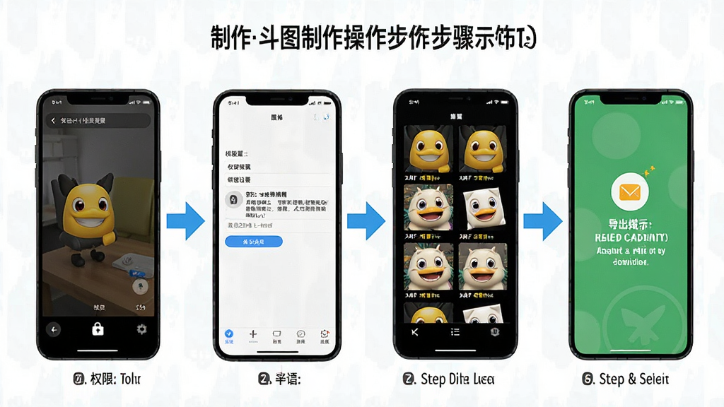 斗图表情制作手机端操作步骤示意图,画面展示手机屏幕从安装到制作表情包的完整流程,包含权限设置界面、模板选择界面和导出成功提示,风格为教程图解风格,细节包含箭头指引和步骤编号,画质清晰干净,无多余元素