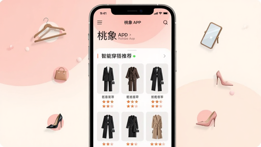 һ��չʾ����APP���Ľ����ͼƬ������������һ�������ֻ�����Ļ����ʾ������APP�����ܴ����Ƽ�ҳ�棬�и��ַ�װ���������ͼ�ʹ������֡���������͵ĵ���ɫ���װ�ɫ���䣬��ΧƯ�����¼ܡ����ӡ��߸�Ь��ʱ��Ԫ�ص�Сͼ�ꡣ�����������ִ������������ɾ����޶���Ԫ�ء�