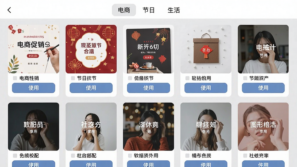 亲拍软件模板中心界面截图,屏幕上以网格形式展示多款不同风格的图片模板,包括电商促销海报、节日贺卡、社交媒体方形配图等,每款模板下方有“使用”按钮,界面顶部有分类标签如“电商”“节日”“生活”,背景为浅灰色,风格为清爽的移动端UI设计,细节包括模板缩略图和文字说明,画质清晰,干净,无多余元素