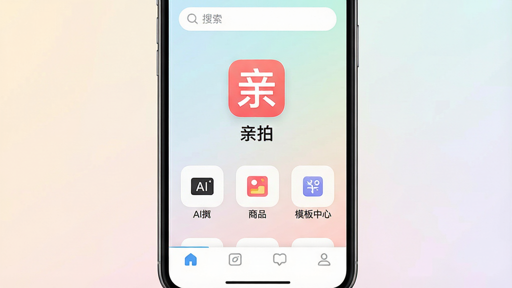 一张手机屏幕展示亲拍软件主界面的图片,画面中央是亲拍APP的图标和名称“亲拍”,界面布局简洁,上方搜索栏,中部为AI抠图、商品图、模板中心等功能入口,底部导航栏清晰,背景为柔和的浅色渐变,风格为现代扁平化UI设计,细节包括功能图标和文字标签,画质清晰,干净,无多余元素