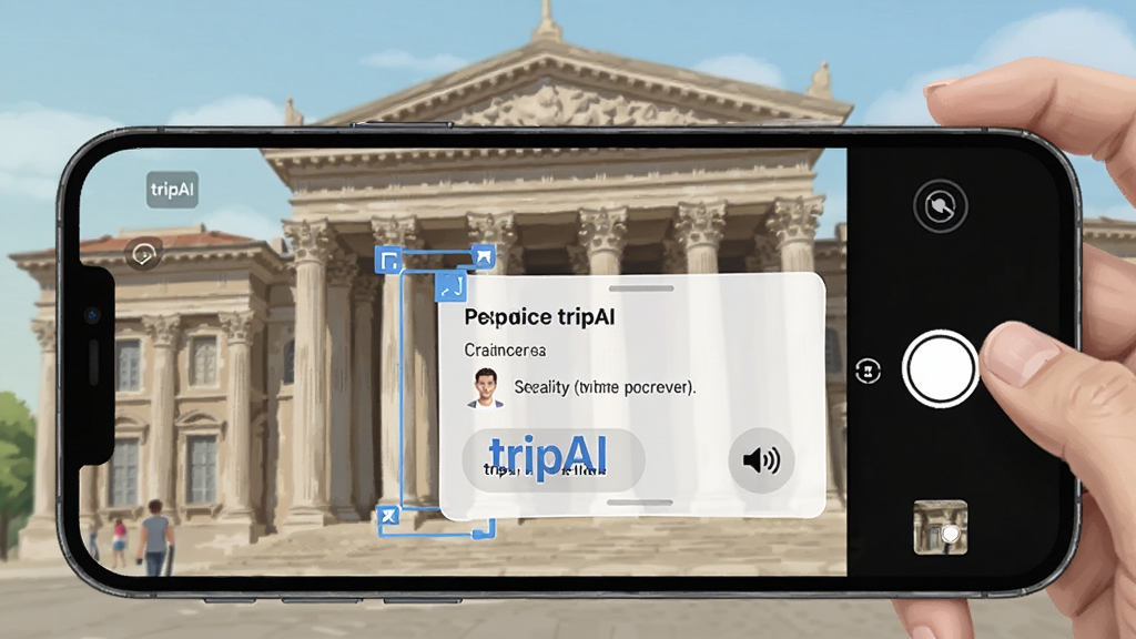 ����չʾtripAIӦ���еľ���ʶ���ܣ��ֻ�����ͷ��׼һ���ŵ佨������Ļ�ϸ���ʶ���ͽ��ܿ�Ƭ������Ϊ�ֻ��뽨�������ֲ���ǰ���ֻ��󾰽������Ű���Ȼ�����Ϊдʵ�廭���ϸ�ڰ���ʶ������ֽ��ܡ�������ť�����ʸ��壬�ɾ����޶���Ԫ��