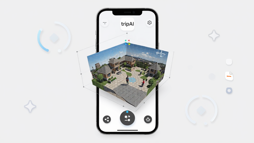����������tripAIӦ�õ�3D��ģ���棬�ֻ���Ļ����ʾһ������Ƭ���ɵ�3D���г���ģ�ͣ�����Ϊ�ֻ�������ģ�ͣ����ֲ��þ���չʾ���Ű��࣬���Ϊ�Ƽ���3D��Ⱦ���ϸ�ڰ�����ת���ư�ť��ģ�����񡢷���ͼ�꣬���ʸ��壬�ɾ����޶���Ԫ��