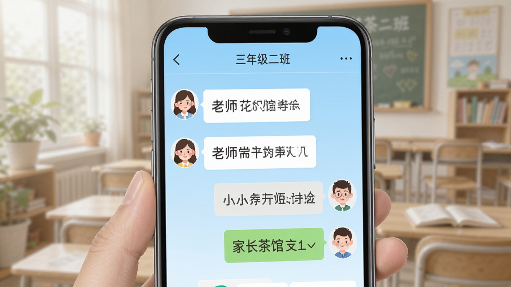 �ҳ����������У��ͨ���棬����չʾ�ֻ���Ļ�ڼҳ�����ʦ�����촰�ڣ��������ʦͷ�����Ϣ���ݣ��Ҳ��Ǽҳ��ظ���������ʾ�༶���ơ����꼶���ࡱ������Ϊ����ɫ���䣬������¼�Լ��ϸ�����������ʸɾ���ͼƬ�����֡��ҳ���ݡ�