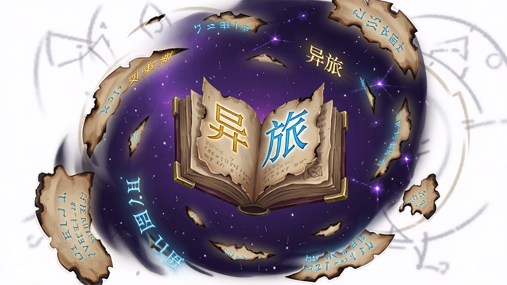 一张以文字异旅游戏界面为灵感的插画,主体是悬浮在空中的古老书页和发光的文字,布局采用散点式排版,文字碎片围绕中心旋转,风格为神秘魔法风格,细节包括书页边缘有烧焦痕迹、文字呈现金色和蓝色两种颜色、背景是深紫色星空,画质高清,干净,无多余元素