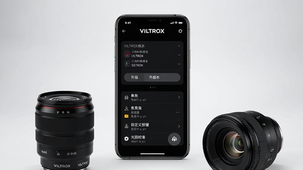 一张展示VILTROX Lens手机应用主界面的产品宣传图,画面中央是一部竖屏智能手机,屏幕内显示深色主题的镜头管理界面,顶部有VILTROX品牌标识,中部列出镜头固件版本信息与升级按钮,下方排列着对焦设置、自定义按键、光圈校准等菜单选项,手机周围散落放置两支黑色相机镜头作为点缀,背景为浅灰色渐变摄影棚风格,整体布局干净整洁,文字清晰可辨,风格现代科技感,细节精致,画质高清,无多余杂乱元素