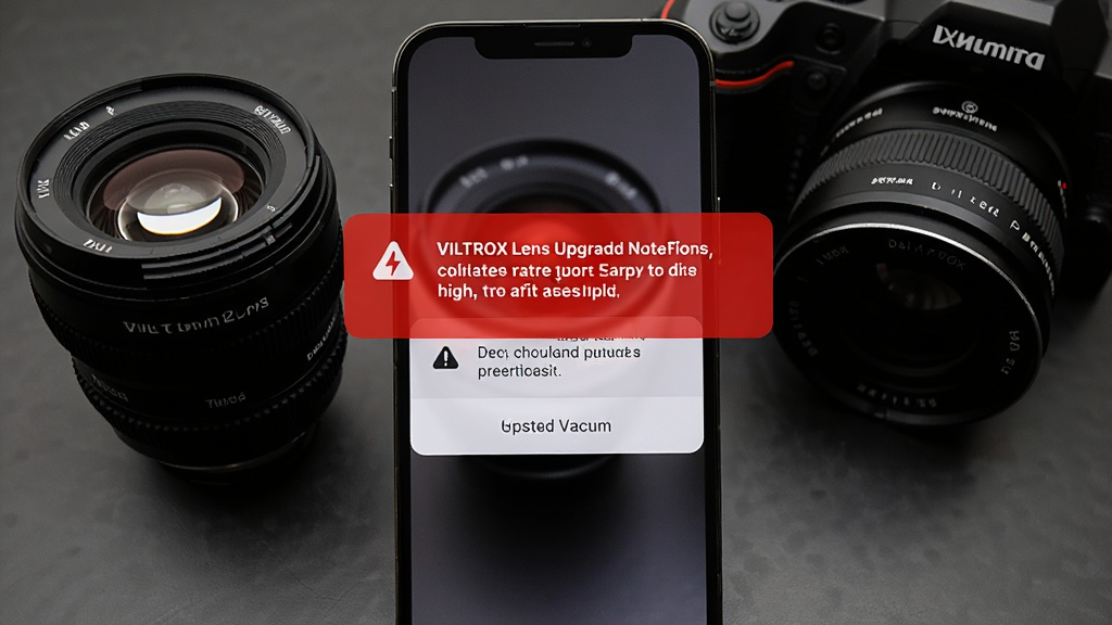 一张展示VILTROX Lens升级注意事项提示弹窗的手机截图风格图片,画面为竖屏手机,屏幕中央弹出一个红色警示框,内含闪电图标与文字说明,手机旁边摆放镜头和相机,背景为深色桌面,构图紧凑,风格警示感强,细节清晰,画质高清,无多余元素
