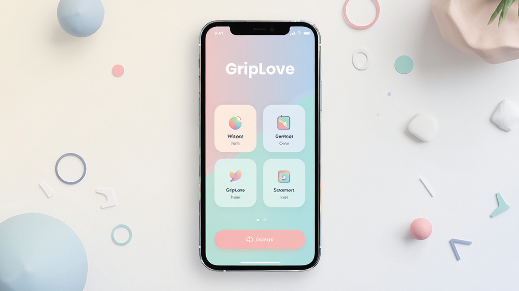 һ��չʾ GripLove Ӧ���������ĳ���ͼ��������һ�����������ֻ�����Ļ����ʾ GripLove ����ҳ���棬������͵�ɫ�ʴ����뻥����ť������Ϊ�ֻ����з��ã�����Ϊǳɫ�������棬��Χ��׺��������ͼ�Σ��Ű��࣬ͻ���ֻ���Ļ���ݣ����Ϊ�����ִ������ֲ�Ʒչʾ�磻ϸ������Ļ�ڿɼ� GripLove ���ֱ�ʶ����ͼ�꣬�ֻ���Ե����΢���⣻���ʸ��壬�ɾ����޶���Ԫ��