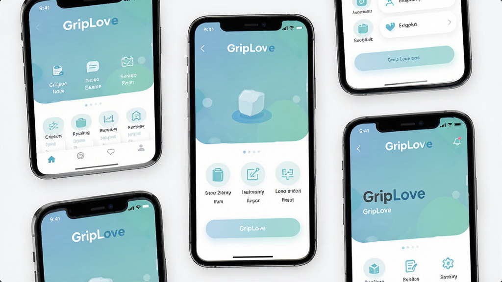 һ��չʾ GripLove �������ϸ�ڵ� AI ��ͼ���������ֻ���Ļ�� GripLove �Ķ������ҳ��ƽ��չʾ������Ϊ�����ĸ��ֻ�����������У��γ�����У��Ű����룬����֮�������ʵ���ࣻ���Ϊ��ƽ�� UI չʾ�磻ϸ�ڰ�����͵�������ɫ�����ͼ�ꡢGripLove ��ʶ������ÿ�����涥�������ʸ��壬�ɾ����޶���Ԫ��