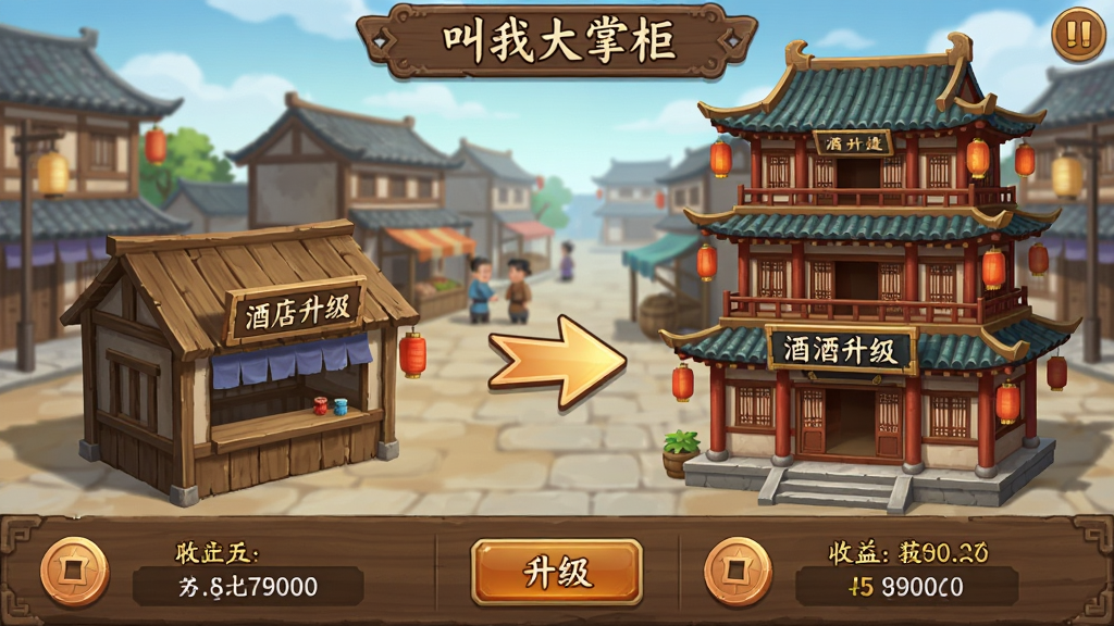 һ���ŷ羭Ӫ��Ϸ����ͼ������չʾ�����Ҵ��ƹ��еĵ����������棬�����һ��Ͱ���ľ��С�̣��Ҳ�����������������ɾ�¥���м��м�ͷָʾ�������򣬱����ǹŴ��ֵ������ֲ������ҶԱȹ�ͼ�����Ϊ����ģ�⾭Ӫ��Ϸ���棬ϸ�ڰ���ͭǮͼ�ꡢ������ť��������ֵ��ľ�������������������ɾ����޶���Ԫ��