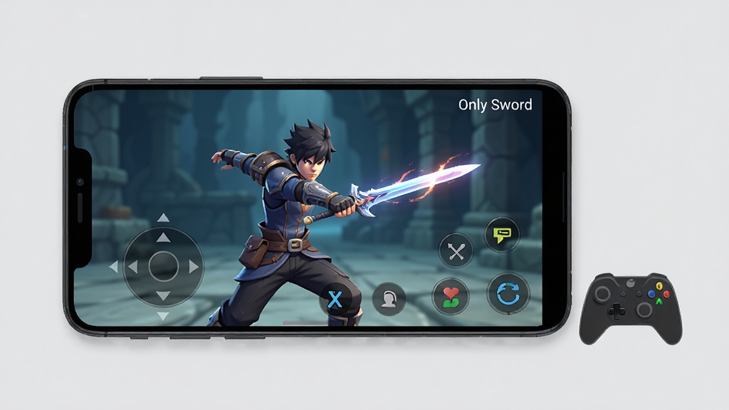 һ����׿�ֻ�������ʾ Only Sword ��Ϸ���棬��Ļ�н�ɫ���ڻӽ��������·������ⰴ����ʾ���ֻ��Ա߷���һ���ֱ�ͼ�꣬����Ϊǳ��ɫ����������ˬ���ţ��������Ͻ��ð�ɫС��д��Only Sword�����Ű��࣬���廭�ʣ��޶���Ԫ��
