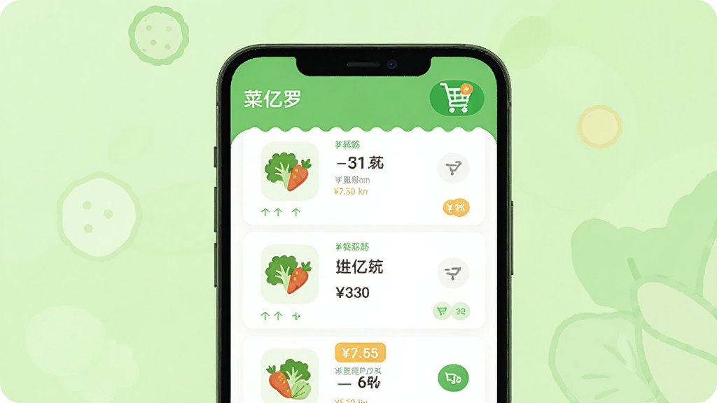 菜亿箩APP主界面展示,画面中央是一部智能手机,屏幕显示生鲜蔬菜分类列表和购物车图标,背景为清新的浅绿色调,布局简洁明快,风格现代扁平化,细节包括蔬菜图标、价格标签和配送按钮,画质清晰干净,无多余元素