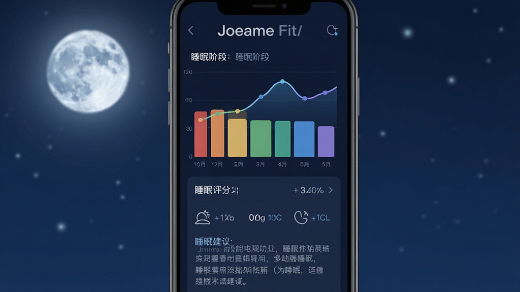 一张Joeme Fit深度睡眠分析功能界面图,主体为手机屏幕显示睡眠阶段柱状图和睡眠评分,布局采用上下结构,上方为睡眠曲线图,下方为睡眠建议文字,排版简洁明了,风格为宁静夜间风格,细节包括深蓝色背景、柔和的月光元素、清晰的睡眠阶段色块,画质高清、干净、无多余元素。