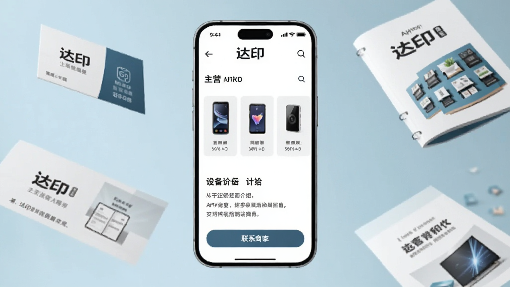 һ��AI���ɵ�ͼƬ������չʾһ���ֻ�����Ļ����ʾ����ӡ��APP�ĵ�����ҳ��ҳ�����е���Logo����Ӫ��ƷͼƬ���豸�������ֺ͡���ϵ�̼ҡ���ť���ֻ���ΧƯ������Ƭ�������ӡˢƷ��������ǳ��ɫ���������רҵ�������������ɾ��޶���Ԫ�ء�