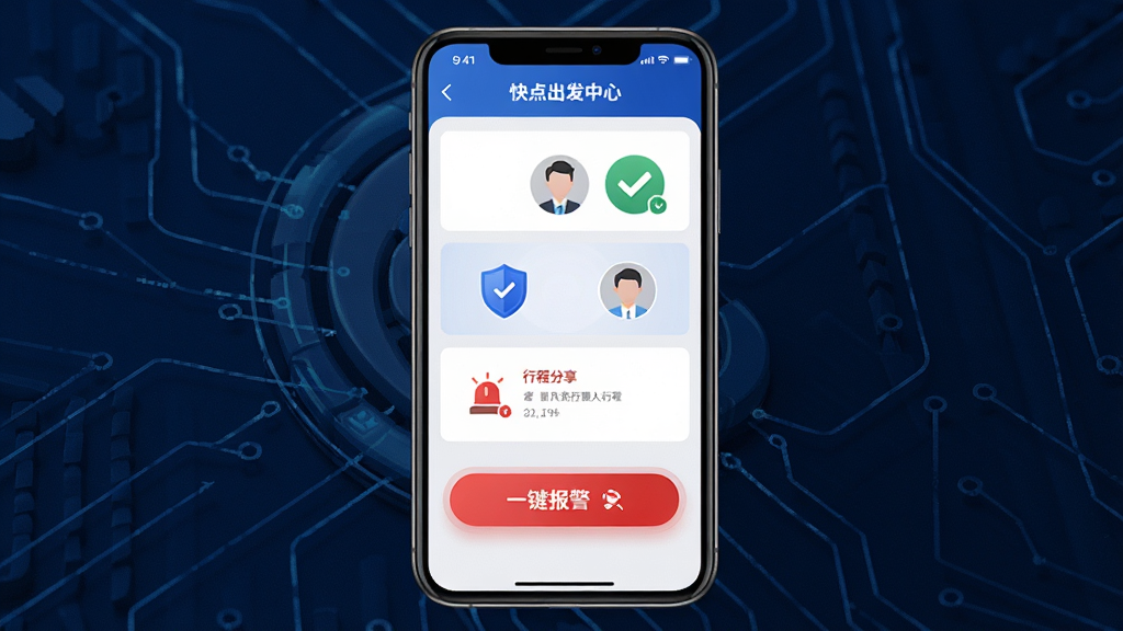 ���������ǿ�����˾��APP�İ�ȫ���Ľ���չʾ���ֻ���Ļ����ʾһ��������ť���г̷���ͼ��ͽ�����ϵ���б������ֲ�������ƽ�ӽǶȣ��ֻ�λ�ڻ��������룬����Ϊ����ɫ�Ƽ����������Ű����룬���ƫ��ȫ�������⣬ϸ�ڰ�������ͼ�ꡢ������ť�ĺ�ɫ��������ϵ��ͷ�񣬻���Ҫ����塢�ɾ����޶���Ԫ�ء�