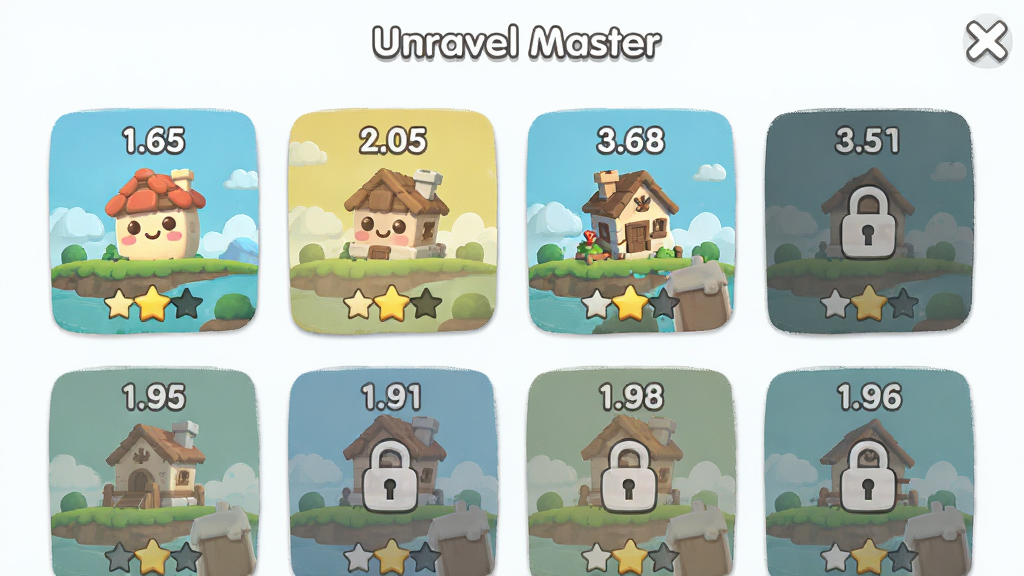 Unravel Master �ؿ�ѡ����棬�����Ƕ���ؿ�ͼ�����У�����Ϊ����״�ؿ��б����Ű����룬���Ϊ����������ϷUI��ϸ�ڰ����ؿ���š��Ǽ����ۡ�����״̬ͼ�꣬���ʸ��壬�ɾ����޶���Ԫ��