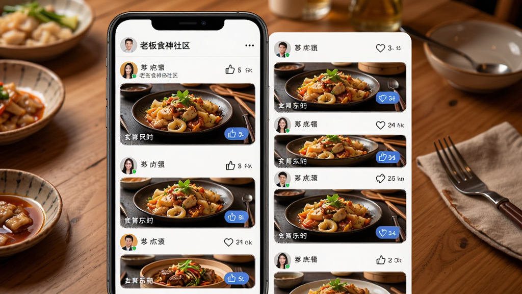 �ϰ�ʳ�������������棬����չʾ�ֻ���Ļ�ϵ���ʳ�����ٲ�����ÿ��������ͼƬ�͵��ް�ť����������ܰ��ľ�ʲ����Ͳ;ߣ����ֲ���˫���ٲ����Ű棬����罻����ϸ�ڰ����û�ͷ��ͻ���ͼ�꣬���ʸ��壬�ɾ����޶���Ԫ��