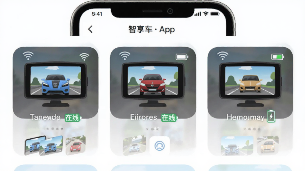 ����չʾ����������APP�Ķ��豸�������棬��Ļ����������̨��ͬ�������г���¼��ͼ�꣬ÿ��ͼ���·���ʾ�豸���ƺ�����״̬������Ϊ����״�����Ϊ��ƽ����ƣ�ϸ�ڰ���WiFi�źű�ʶ������ͼ�ꡢ�豸����ͼ�����������������ɾ����޶���Ԫ��