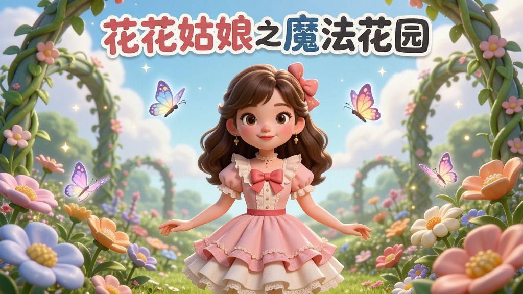 ����������һλ����ǳ��ɫ����ȹ�Ļ������վ��һƬʢ����������ɫ�����ħ����԰�У���Χ�з���ĺ������������ƵĹ��ţ���������͵���������ƣ�����������������Ŀ�ͨ��Ⱦ���ϸ�ڷḻ�����ʸɾ��������޶���Ԫ�أ�ͼƬ�Ϸ���Բ������д�š���������֮ħ����԰��
