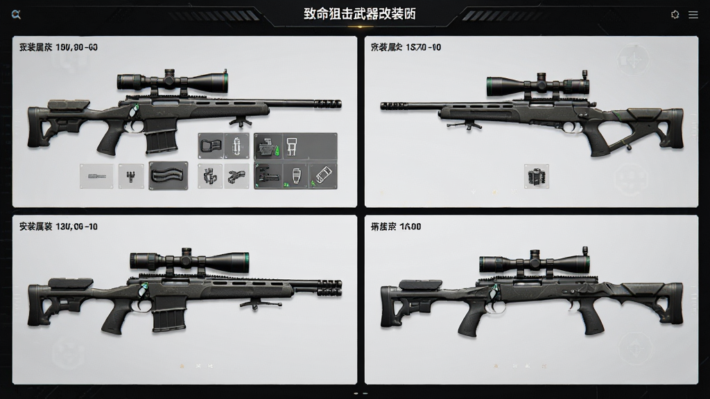 致命狙击武器改装界面,展示狙击枪配件安装槽位与属性数值对比,画面中有多把不同型号的狙击步枪排列,风格写实科技感,布局清晰,画质干净
