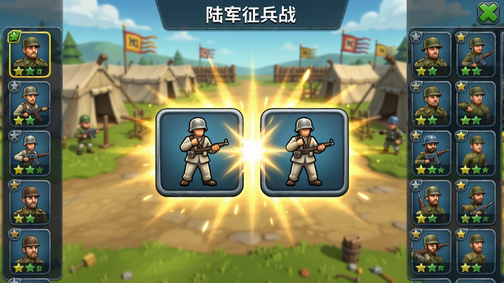游戏合成界面特写,画面展示合并战:陆军征兵战中的兵种合成过程,两个相同的步兵图标正在融合,周围有金色光芒特效,背景是军营训练场,屏幕两侧排列着已解锁的兵种图鉴,整体风格卡通写实,色彩明亮,细节丰富,画质清晰干净