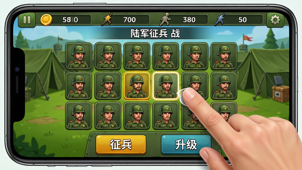 手机屏幕中展示一款军事合成游戏界面,画面中央是合并战:陆军征兵战游戏主场景,绿色军营背景,多个不同等级的士兵图标排列在网格上,玩家手指正在拖动两个相同等级士兵进行合并,屏幕上方显示金币和兵力数值,屏幕下方有征兵按钮和升级选项,整体风格为卡通写实军事风,色彩鲜明,细节清晰,画质干净无多余元素
