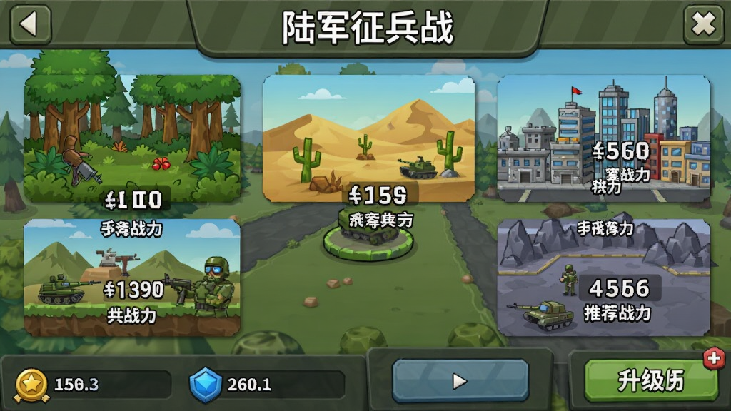 合并战:陆军征兵战关卡选择界面,画面展示多个不同地形的关卡节点,包括森林、沙漠、城市等,每个节点上标注着敌方兵力数值和推荐战力,屏幕下方有资源数量和升级按钮,整体风格卡通军事,色彩丰富,布局清晰,画质干净无多余元素