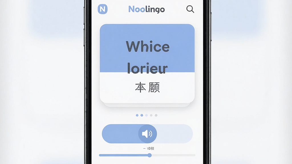 һ��չʾ Noolingo ����ѧϰӦ�ú��Ľ�����ֻ���Ļ��ͼ��������һ�����������ֻ�����Ļ������ʾ Noolingo �ĵ��ʿ�Ƭѧϰҳ�棬��Ƭ����Ӣ�ĵ��ʺ��������壬�ײ��з�����ť�ͽ����������ּ�࣬�Ű���У����Ϊ�ִ���ƽ�� UI ��ƣ�ϸ�ڰ�����͵�������ɫ��Բ�ǿ�Ƭ��������ͼ�꣬���ʸ��壬�ɾ����޶���Ԫ��