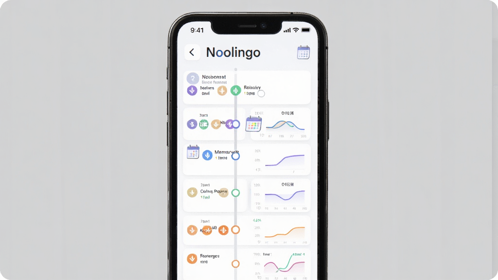 һ�� Noolingo ����Ӧ���临ϰ���ܵ�ʾ��ͼ���������ֻ���Ļ�ϵĸ�ϰ�ƻ�ʱ���ᣬ����Ϊ�������еĸ�ϰ�ڵ㣬�Ű����������Ϊ��Լ�Ƽ��� UI��ϸ�ڰ�����ͬ��ɫ�ļ���ǿ�ȱ�ǡ�����ͼ�ꡢ����ͼ�������ʸ��壬�ɾ����޶���Ԫ��