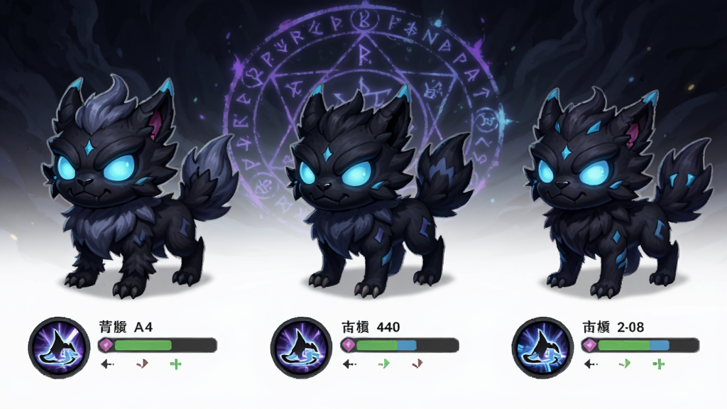 Voidpet Dungeon�������ɽ��棬չʾ��ֻ��ͬ��̬����ճ��ﲢ��վ����ÿֻ�����·��м���ͼ���������������Ϊ��ɫħ���󣬷��Ϊ���ڿ�ͨ��ϸ�ڰ�������ë���ʸС������۾�������ͼ����ʽ�����ʸ��壬�ɾ����޶���Ԫ��