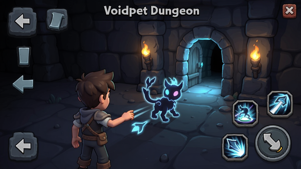 Voidpet Dungeon���ֽ̳̽��棬������һλ��ҽ�ɫ����������ճ�������һ����Σ���Ļ���з����ͷ�ͼ��ܰ�ť��ʾ�����Ϊ���ڿ�ͨ������������ϸ�ڰ���UI��ť��������涯����������ڹ�Ч�����ʸ��壬�ɾ����޶���Ԫ��