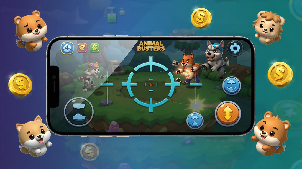 һ�������ֻ������ճֵ���д���棬��Ļ����ʾAnimal Busters����Ϸս�����棬����׼�ߺ������ť���ֻ���Χ�п�ͨ�����ɫ�ͽ��ͼ��Ư��������Ϊ��Ʒչʾ����Ű����ֻ����С�ͼ�껷�ƣ����Ϊ�Ƽ����뿨ͨ��ϵ�����ͼ��ϸ�ڰ����ֻ���Ļ�з���Ч������ť������У����������ɾ����������޶�������