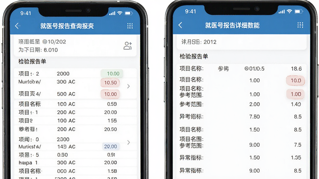 �����Ǿ�ҽ�ű����ѯ���ܽ��棬����Ϊ�ֻ���Ļչʾ���鱨�浥�б�����ϸ����ҳ�棬�Ű���������Ϊרҵҽ������չʾ���棬ϸ���ϰ����������ڡ���Ŀ���ơ��ο���Χ���쳣ָ���ע����������������ɾ����޶���Ԫ��
