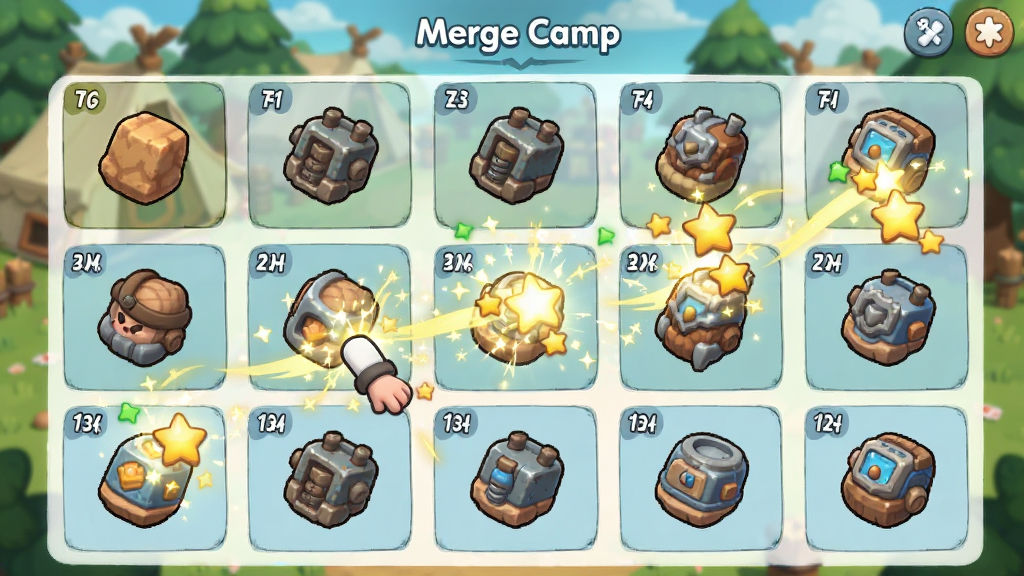 ����ΪMerge Camp��Ϸ�еĺϳɽ��棬����չʾ�����ͬ��Ʒ����ק�ϲ���˲�䣻����Ϊ����״���У���Ʒ���ȼ������ҵ������Ű��࣬���ΪQ�濨ͨ��ϸ�ڰ����ϲ�������������Ч����Ʒͼ�������ɱ桢����ΪӪ�س��������ʸ��塢�ɾ����޶���Ԫ�ء�