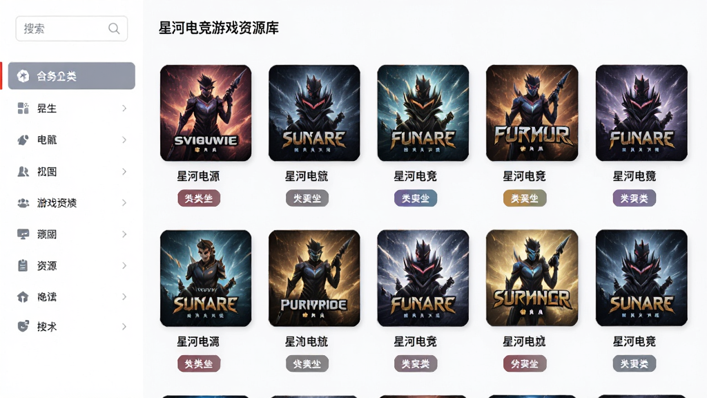 һ��չʾ�Ǻӵ羺��Ϸ��Դ��ҳ���ͼƬ�����������������Ŷ��羺��Ϸ����ͼ�꣬ÿ��ͼ���·���ע��Ϸ���ƺͷ����ǩ�������������ͷ��ർ�����������������죬ɫ�ʷḻ�������ң������������ɾ����޶���Ԫ��