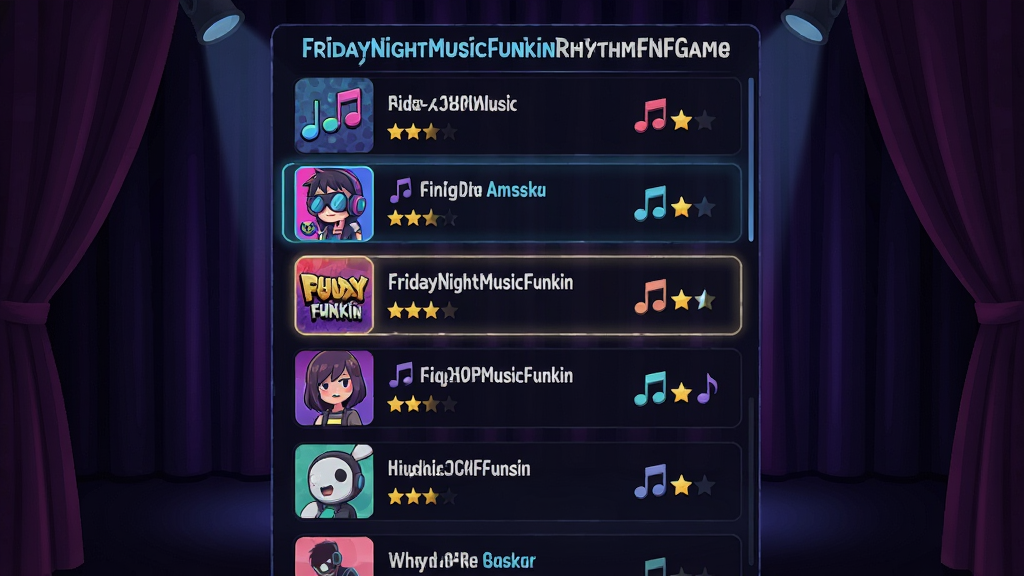 һ�����ֽ�����Ϸ��Ŀѡ�����廭��������չʾFridayNightMusicFunkinRhythmFNFGame�ĸ����б���ÿ�׸������в�ͬ��ɫ�ķ���ͼ����Ѷ��Ǽ�����������ɫ������̨Ļ���������Ǹ���ѡ����壬����Ϊ�����б����У��Ű��������룬���Ϊ�ִ���ƽ���޺��Ч��ϸ�ڰ�������ͼ�ꡢ�Ѷ����ǡ�ѡ�и���Ч�������ʸ��壬�ɾ����޶���Ԫ��