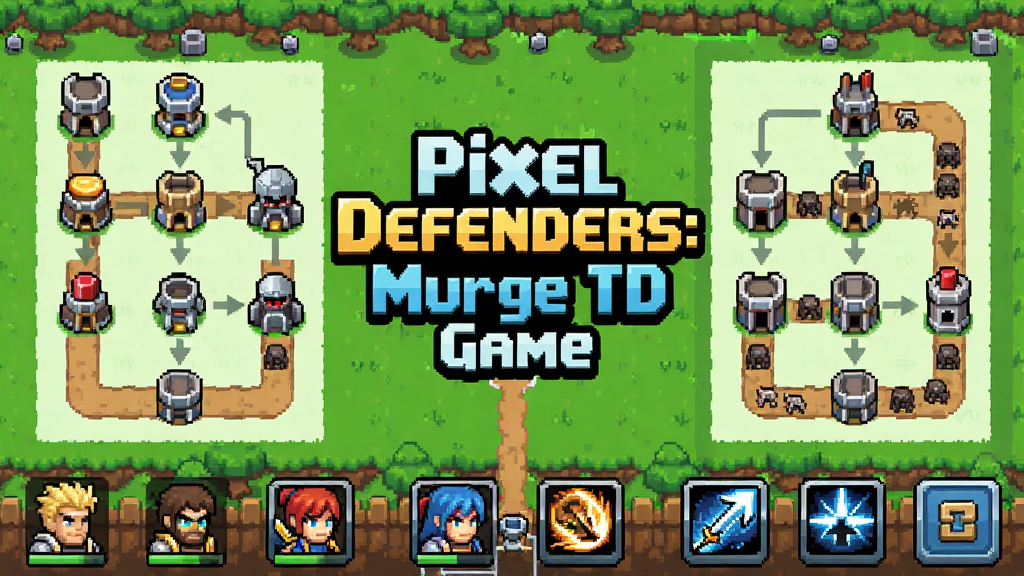 һ�ſ������ط����Ϸ�������ͼ�����������������ػ��ߣ��ϳ�����(Pixel Defenders: Merge TD Game)�ı��⣬��������ֱ�չʾ��ͬ�ȼ��ķ������ϳ�·���������Ǹ������زݵ������ѵĵ����н�·�ߣ������·�������Ӣ�۽�ɫ�뼼�ܰ�ť������ɫ�����������ɫ����ɫ����ɫΪ�������ؿ������������ͳһ�����ʸɾ��޶���Ԫ��