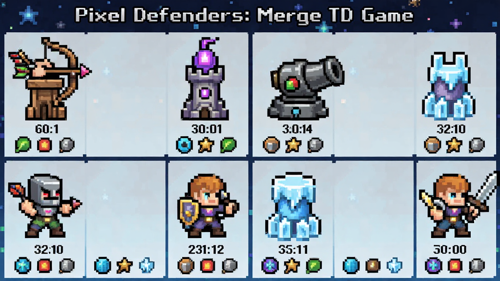 һ��չʾPixel Defenders: Merge TD Game�ж��ַ�������Ӣ�۽�ɫ������ͼ��ҳ�棬���������������Ź���������ħ�������������������Լ��ֳ�����������Ӣ�ۣ�ÿ����λ�·���ע�еȼ�������ͼ�꣬����Ϊ����ɫ�����ǿգ��������������ͳһ�����ʸɾ��޶���Ԫ��