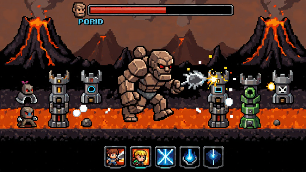 һ��Pixel Defenders: Merge TD Game��Bossս��������ͼ������������һֻ�޴������ʯͷ��Boss������·��ǰ������Χ�ֲ�����Ҳ��õĶ��ַ��������ڹ�������Ļ�Ϸ���ʾBossѪ�����·���Ӣ�ۼ�����ȴͼ�꣬����Ϊ��ɽ���Σ����Ϊ�������أ����ʸɾ��޶���Ԫ��