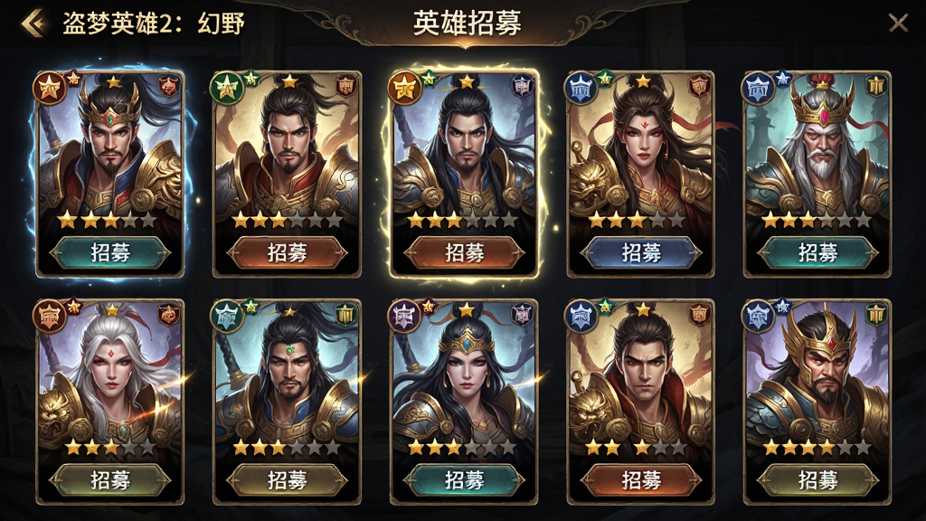 ����Ӣ��2����Ұ Ӣ����ļ���棬����Ϊ��λ��Ӣ�ۿ�������չʾ������Ϊ����״���أ��Ű���г鿨��Ч��ϡ�жȱ�ʶ�����Ϊ�������翨�ƣ�ϸ�ڰ���Ӣ��ͷ���Ǽ�����Ӫͼ������ļ��ť�����ʸ��壬�ɾ����޶���Ԫ��