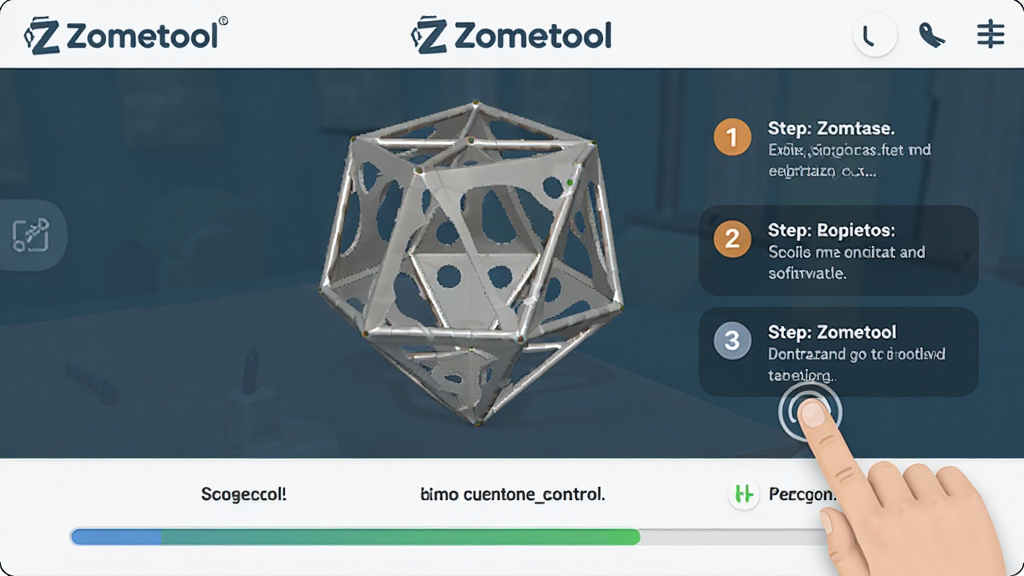 ����ΪZometool������̳̽��棬��Ļ����ʾһ�����ڴ�еļ���ģ�Ͱ��Ʒ���Ա��в������������˵�����ײ��н�����������Ϊ���½ṹ���Ϸ�ģ��չʾ�����·�������������Ű��������С�Zometool��Ʒ�Ʊ�ʶ�����Ϊ�ѺõĽ�ѧApp���棬ϸ�ڰ�����ָ�����Ļ��ʾ��ͼ�����͸��������ʾ�����ʸ��壬�ɾ����޶���Ԫ��