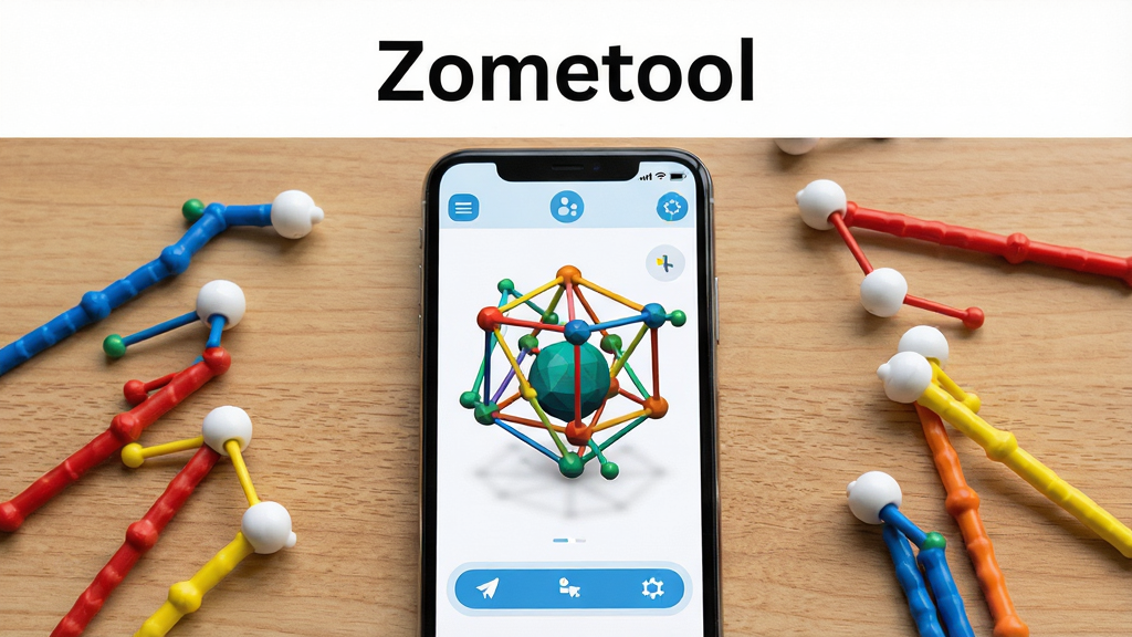 ����Ϊһ�������ֻ���ĻչʾZometool�������棬��������ɫ�����޵ļ������������Ӹ���ϳɵ���άģ�ͣ���Ļ��Χɢ�����������ɫ���Ӹ����ɫ�ڵ���ʵ����������ֲ������Ĺ�ͼ���ֻ����У�ʵ�������������Ȼɢ���γɰ뻷�ƣ��Ű��࣬�Ϸ����׷��á�Zometool�����֣����Ϊ�������µĽ����Ƽ��磬ϸ�ڰ���������������ģ��Ԥ��ͼ�������ť������ľ���ʸУ����ʸ��壬�ɾ����޶���Ԫ��