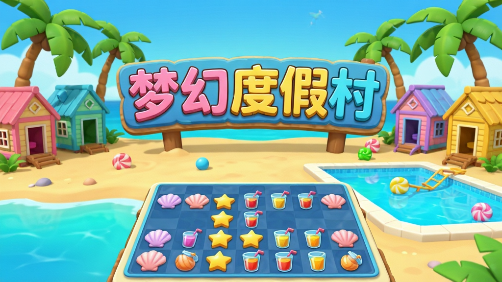 һ���������µĺ����ȼٴ�ȫ�����棬���������ǡ��λöȼٴ塱����������ƣ���Χ��Ҭ������ɳ̲����ɫСľ�ݡ���Ӿ�غ��ǹ�ɫ����Ԫ�أ�ǰ���ڷ����������̸�������ɢ���ű��ǡ����ǡ���֭��������ͼ�꣬������ÿ�ͨ��Ⱦ���ɫ�������̷ۻ�Ϊ��������ɾ����࣬�޶���������廭�ʣ��ʺ���Ϊ��������վͷͼ