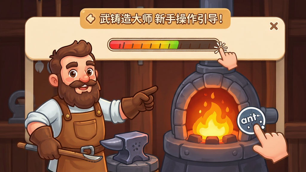 武器铸造大师新手操作引导界面,画面中一位卡通铁匠正在指点玩家如何控制炉温,界面显示温度条与点击提示,主体为铁匠与熔炉,布局采用教学弹窗形式,排版简洁,风格为友好卡通教学UI,细节包含手指点击图标、文字提示框、温度刻度,画质高清,画面干净,无多余元素
