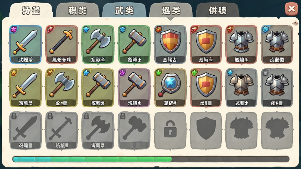 武器铸造大师武器图鉴界面,画面以网格形式陈列着各种已解锁的剑、斧、锤、盾牌与盔甲图标,主体为武器图鉴网格,布局整齐排列,排版顶部为分类标签底部为进度条,风格为清新卡通风UI,细节包含每件武器的名称标签、稀有度边框、灰色未解锁剪影,画质高清,画面干净,无多余元素
