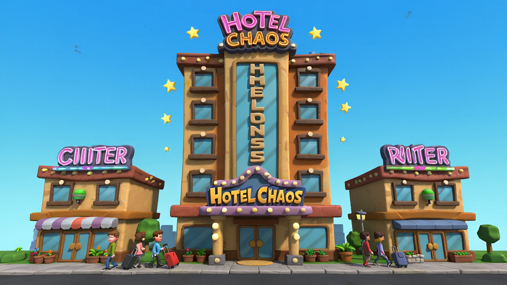 Hotel Chaos游戏主界面预览图,主体为一栋风格夸张的卡通酒店大楼,布局为中央大楼配两侧附属设施,排版采用对称式构图,风格为美式卡通渲染,细节包括霓虹灯招牌、来往的旅客、闪烁的星星特效,画质高清干净,无多余元素