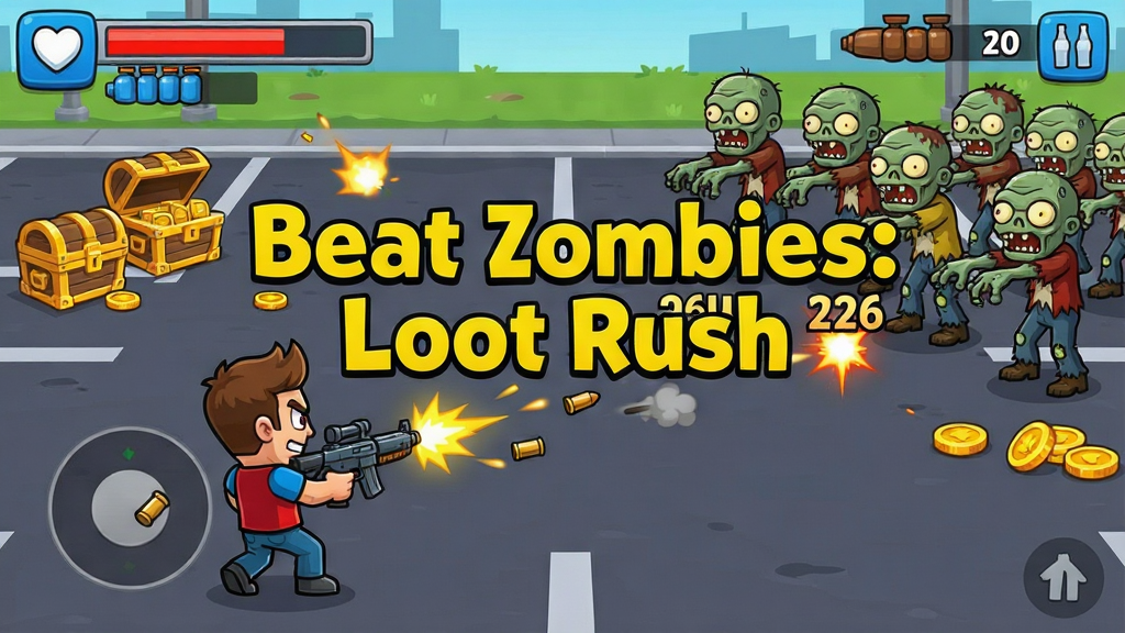 一张手机游戏截图风格的图片,画面中心是一个卡通角色在停车场空地上边后退边射击,前方一排僵尸正在倒下,地上有掉落的宝箱和金币,屏幕上方显示血条和弹药数量,画面中央用醒目的黄色字体写着