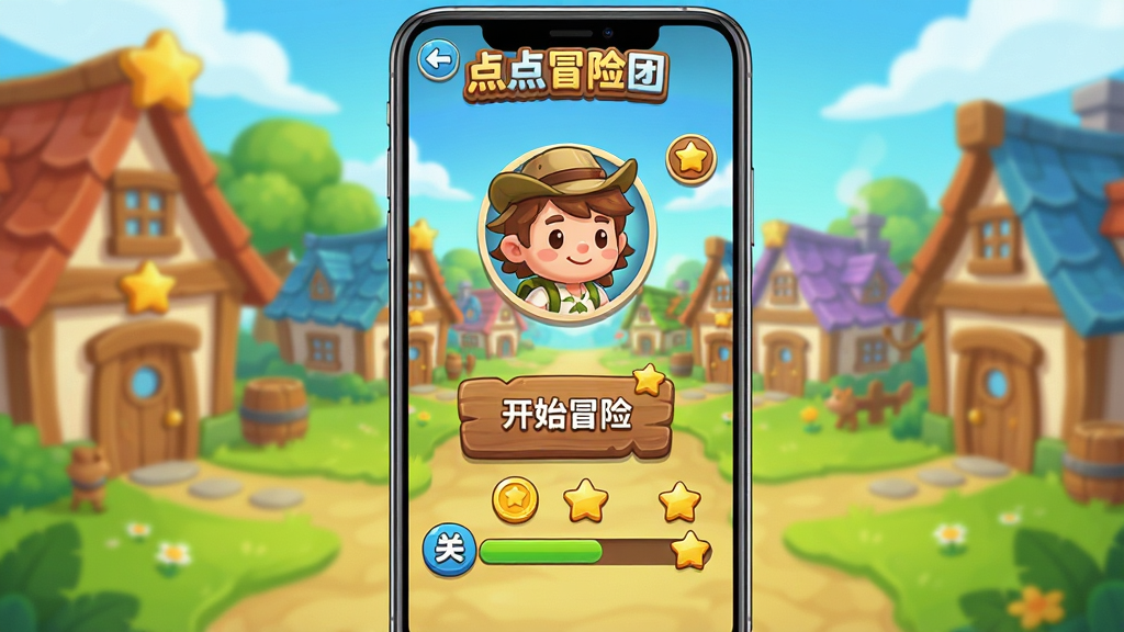 һ��������׿�ֻ�������չʾ��Ϸ���˵����������пɰ���ð�ս�ɫͷ�񡢿�ʼð�հ�ť��ؿ�������������Ϊ�����Ŀ�ͨ��ׯ�����־��У��Ű��࣬���Ϊ��������UI��ϸ�ڰ���ľ�ʰ�ť�����ͼ�����������ۣ����������ɾ����޶���Ԫ�أ������пɳ������֡����ð���š�